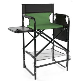 31" Tall Directors Chair With Footrest, 4Portable Bar Height Folding Camping Chair With Built-in Cup Holder, Side Table, Storage Pocket, Olive