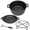 3 in 1 Pre-Seasoned Cast Iron Dutch Oven, Outdoor Camping Deep Pot, 5 Quart. Cover As A Skillet with Ribbed Bottom Design. With 1PC Iron Pot Rack