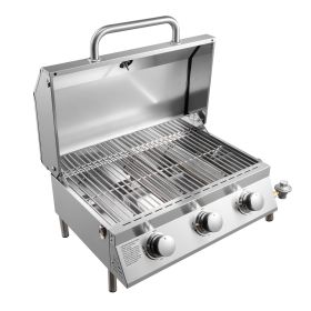 VEVOR Tabletop Gas Grill, 3-Burner Stainless Steel Portable Propane Grill, with Built-in Thermometer, Travel Locks, Weatherproof Lid, 22,500 BTU Total