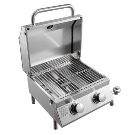 Tabletop Gas Grill, 2-Burner Stainless Steel Portable Propane Grill, with Built-in Thermometer, Travel Locks, Weatherproof Lid, 15, 000 BTU Total