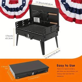 "3-in-1 Portable Charcoal Grill - Lightweight Toolbox Style Foldable BBQ for Camping Tailgating Hiking" (Color: Black)
