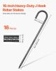 VEVOR Rebar Stakes, 16-Inch, Heavy-Duty 0.4 in Diameter J Hook, Galvanized Steel Ground Anchors with Chisel Point End & Rust-Resistant Coating